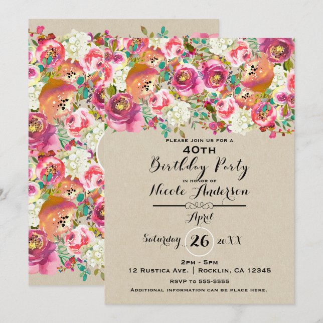 Invitation Élégante Fleur & Kraft Shabby Chic fête d'annivers (Devant / Derrière)