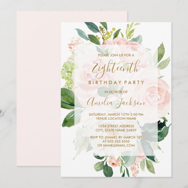 Invitation Élégante Fleur rose 18e fête d'anniversaire (Devant / Derrière)