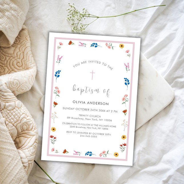 Invitation Élégante Fleur sauvage fille Christening Baptême (Elegant Wildflower Girl Christening Baptism Invitation)