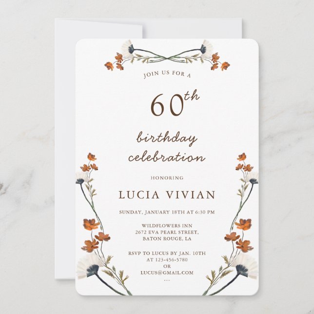 Invitation Élégante Fleur sauvage royale 60 fête d'anniversai (Devant)