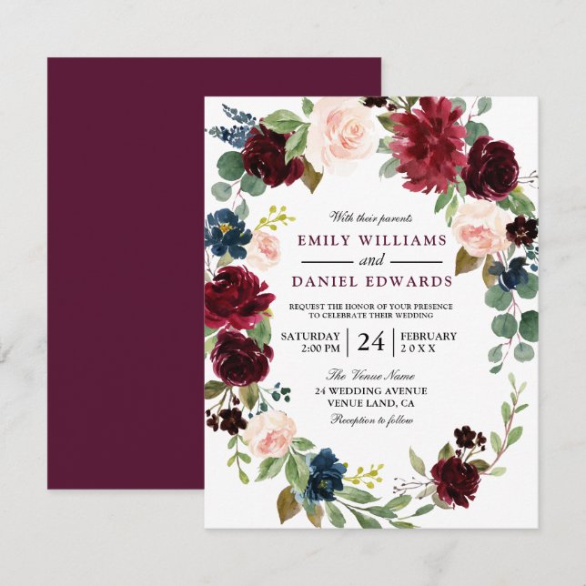 Invitation Elégante Fleur Wreath Bourgogne Red Wedding Invita (Devant / Derrière)