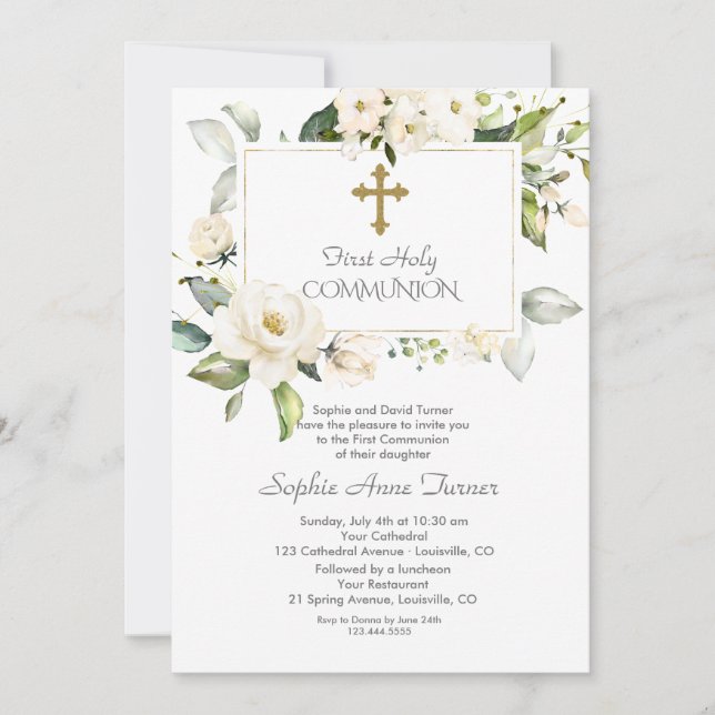 Invitation Elégante Fleurs blanches Gold Girl Holy Communion (Devant)
