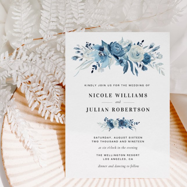 Invitation élégante fleurs bleu mariage (Créateur téléchargé)