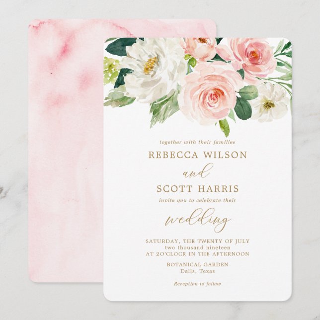 Invitation Elégante Fleurs de Blush Aquarelle Printemps Maria (Devant / Derrière)