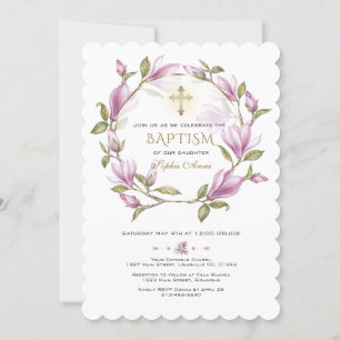Invitation Élégante Fleurs de Magnolia Rose Wreath Gold Bapti