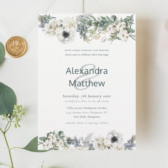 Invitation Elégante Fleurs d'hiver Mariage rustique (Elegant Winter Flowers Rustic Wedding Invitation)