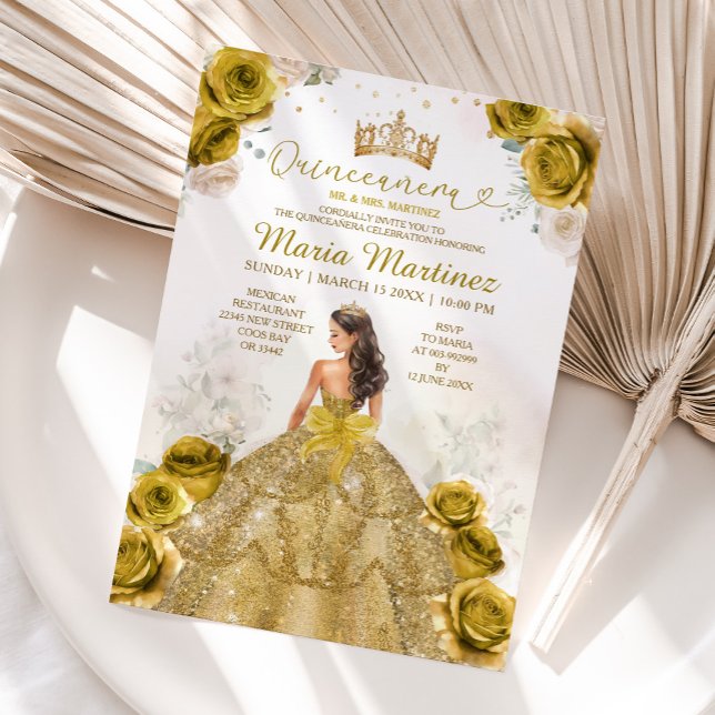 Invitation Elégante Fleurs d'or Princesse Robe Quinceañera (Créateur téléchargé)