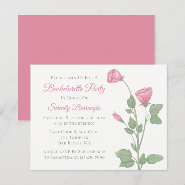 Invitation Élégante Fleurs Florales Rose Bachelorette Party (Devant / Derrière)