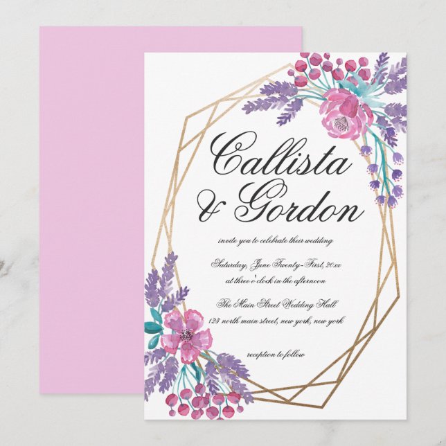Invitation Elégante Fleurs Gold Terrarium Aquarelle Mariage (Devant / Derrière)