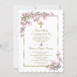 Invitation Elégante Fleurs Magnolia Or Première Communion Sai