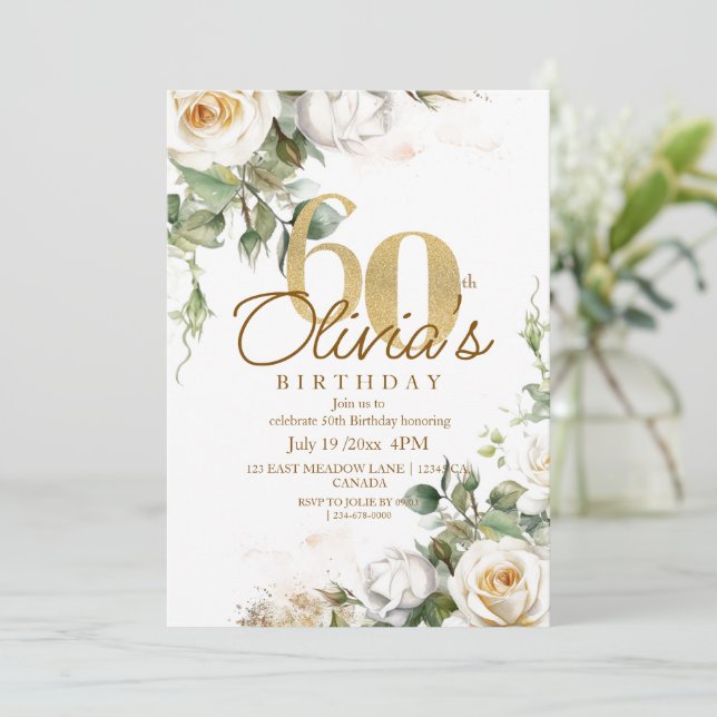 Invitation Elégante Fleurs Rose Or 60e anniversaire (Debout devant)