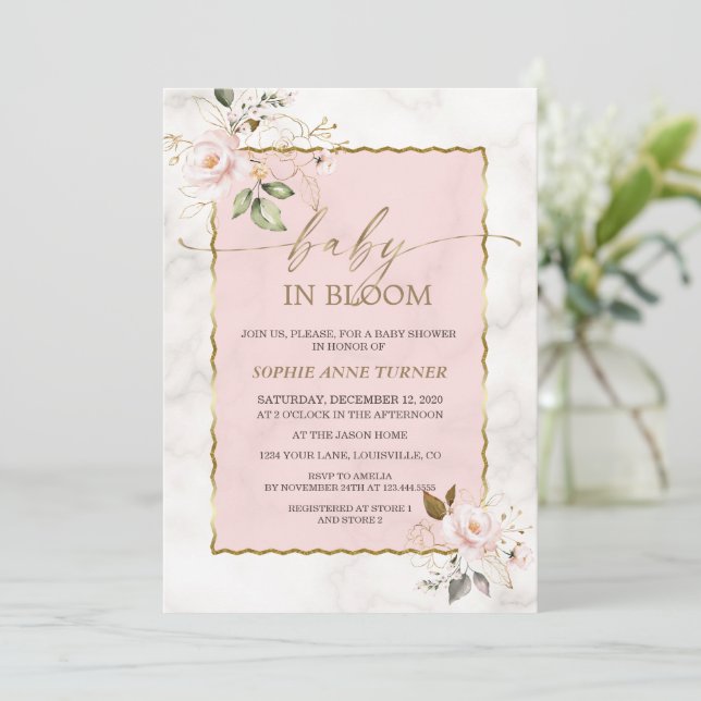 Invitation Elégante Fleurs Roses Bébé Or en Fleur (Debout devant)