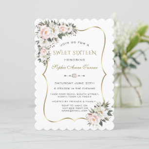Invitation Elégante Fleurs Roses Blanches Or Frame Sweet 16