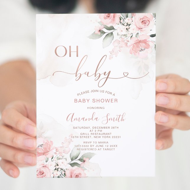 Invitation Élégante Fleurs Roses Bleues Oh Baby shower (Créateur téléchargé)