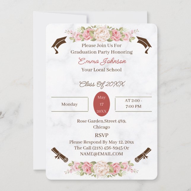 Invitation Elégante Fleurs Roses Personnalisée Graduation (Devant)