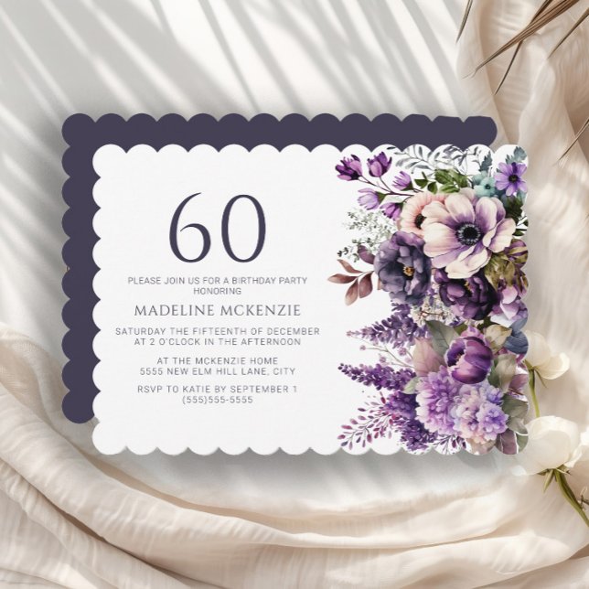 Invitation Élégante Fleurs violettes Adulte 60e anniversaire (Purple and pink watercolor floral 60th birthday party invitation)