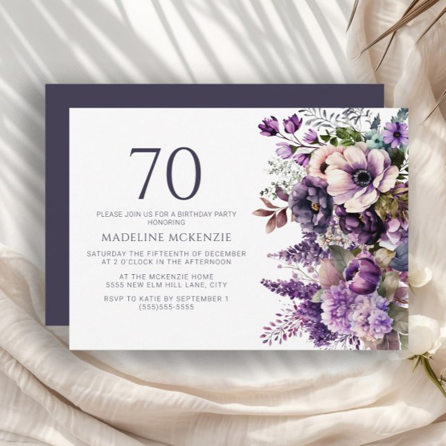 Invitation Élégante Fleurs violettes Adulte 70e anniversaire (Purple and pink floral 70th birthday party invitation)