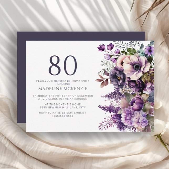 Invitation Élégante Fleurs violettes Adulte 80e anniversaire (Elegant purple and pink floral 80th birthday party invitation)