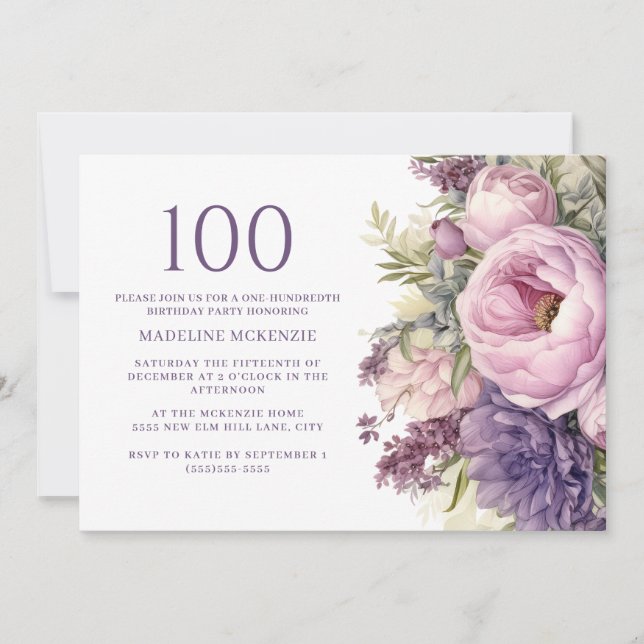 Invitation Élégante Fleurs violettes roses 100e anniversaire (Devant)