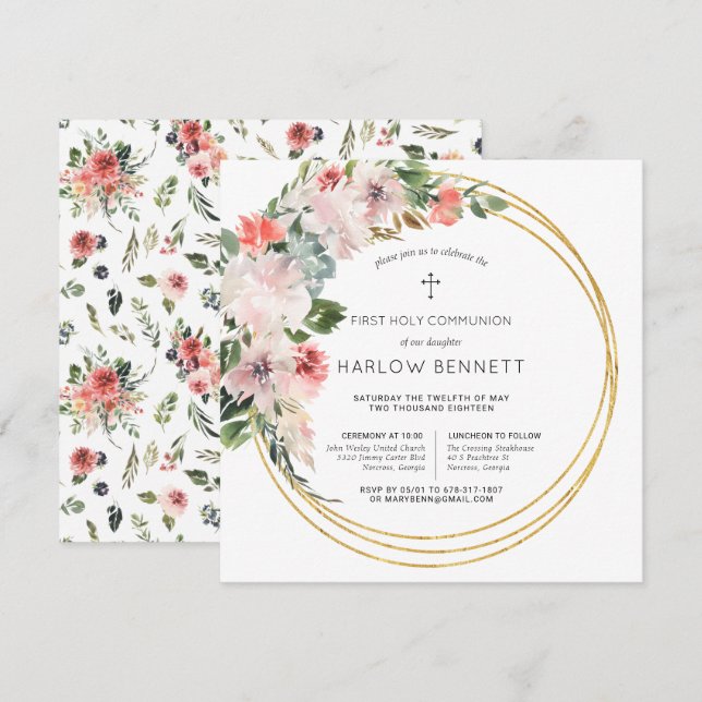 Invitation Élégante floraison Première Sainte Communion Invit (Devant / Derrière)