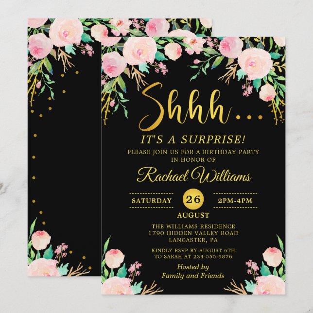 Invitation Elégante Floral Black Gold Surprise fête d'anniver (Devant / Derrière)