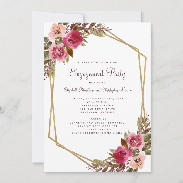 Invitation Elégante Floral Cassis Purple Gold Engagement Part (Devant)