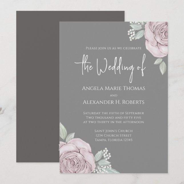 Invitation Elégante Floral Dusty Rose Classic Rose Fleurs (Devant / Derrière)