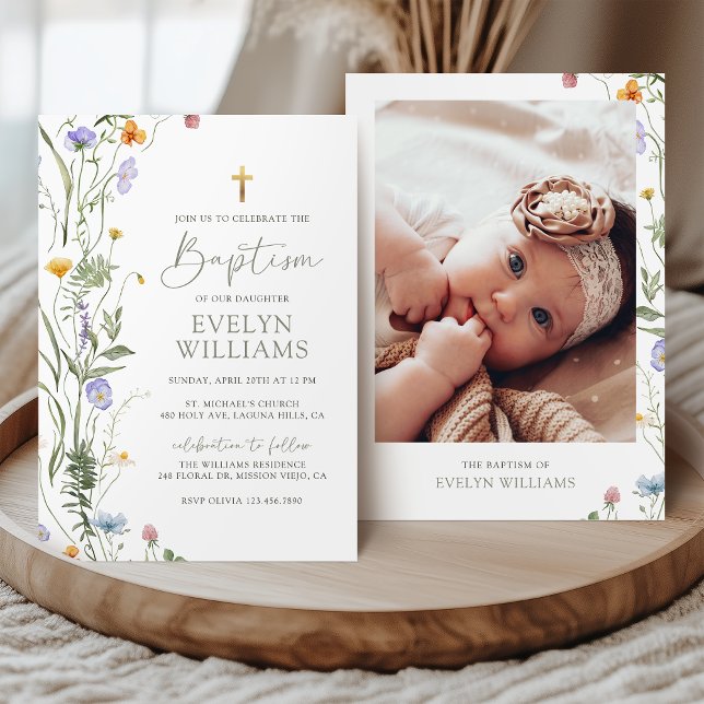 Invitation Élégante Floral Girl Baptism et Christening Photo (Créateur téléchargé)