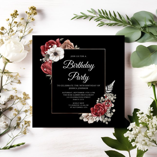 Invitation Elégante Floral Red Roses Gold fête d'anniversaire (Elegant Floral Red Roses Gold Birthday Party Invitation)