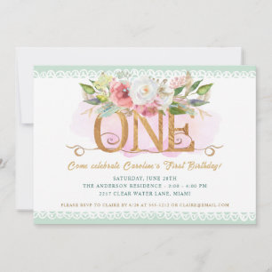 Invitation Elégante Floral Sage Green 1er anniversaire fête