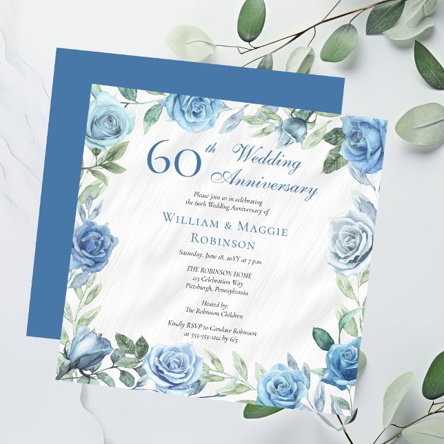Invitation Élégante Florale Bleue 60ème fête Mariage (Elegant Blue and White with Sage Green Floral Frame Square 60th Wedding Anniversary Party Invitation)