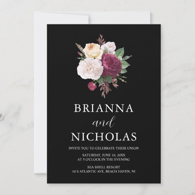 Invitation Élégante florale bourguignonne tout en un Mariage (Devant)