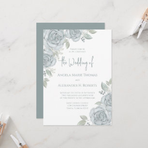 Invitation Elégante Florale Dusty Bleu Classique Fleurs Roses