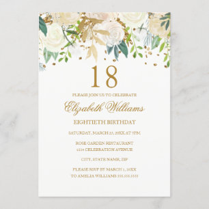 Invitation élégante florale or pour 18e anniversai