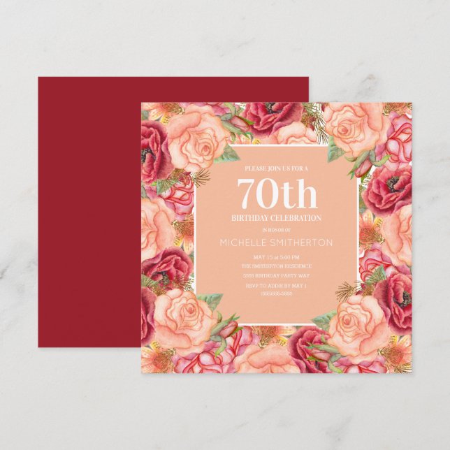Invitation Élégante Florale rose rouge 70e anniversaire Femme (Devant / Derrière)