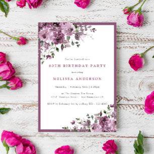 Invitation Elégante florale violette 80e fête d'anniversaire