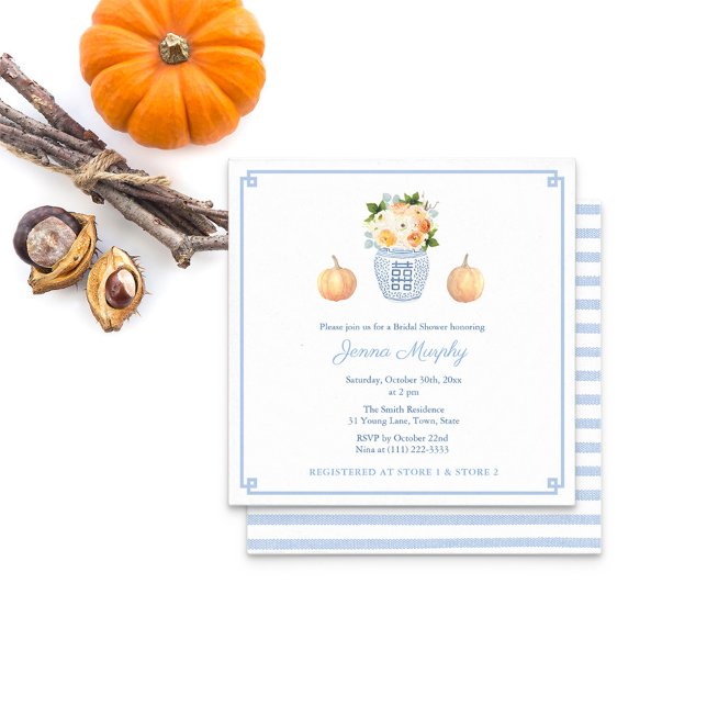 Invitation Elégante florales d'automne Ginger Jar Fête des ma (Bridal Shower Fall Flowers In Ginger Jar With Orange Pumpkins & A Pale Blue & White Striped Reverse)