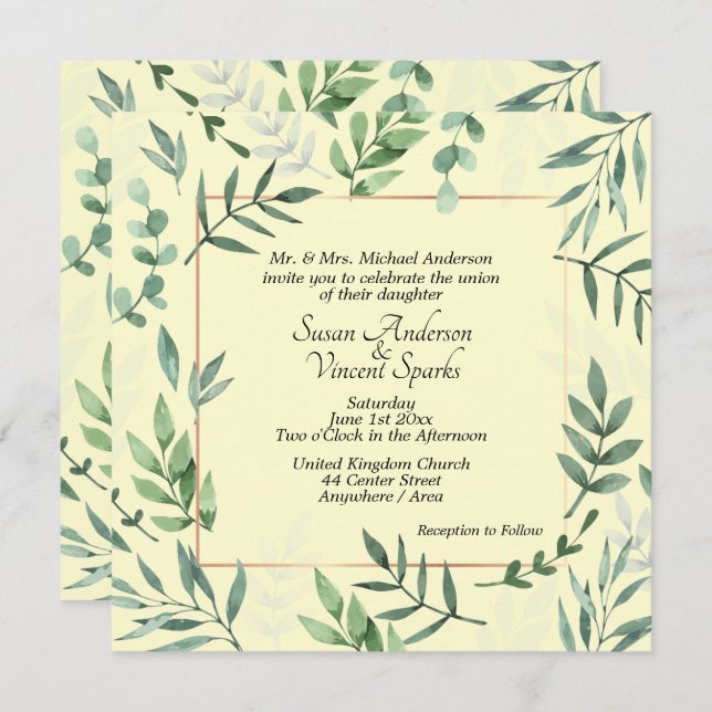 Invitation Elégante flore et faune Cadre Mariage Jaune (Devant / Derrière)