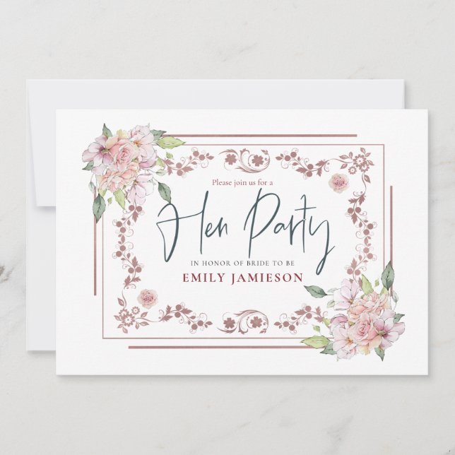 Invitation Elégante Flore Rose Cadre Glam Hen Party (Devant)