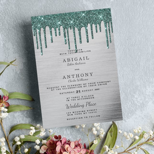 Invitation Élégante forêt d'argent parties scintillant verte  (Elegant silver forest green glitter drips wedding)