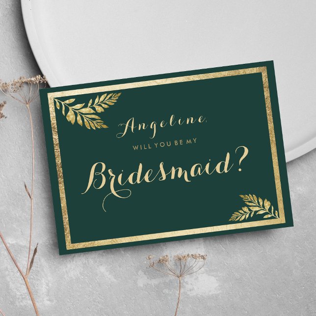 Invitation Élégante forêt moderne verte feuille dorée Bridesm (Elegant modern forest green golden leaf Bridesmaid )