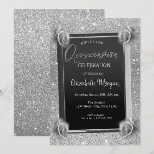Invitation Elégante Frame Fleurs Argent, Rose Quinceañera