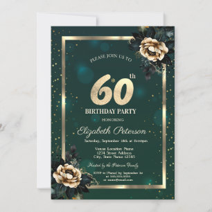 Invitation Elégante Frame Or Flower Stars Green 60th