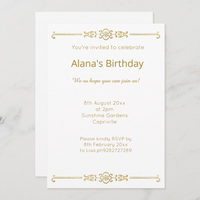 Invitation ELÉGANTE FRONTIÈRE D'OR blanc MODERNE (Devant / Derrière)
