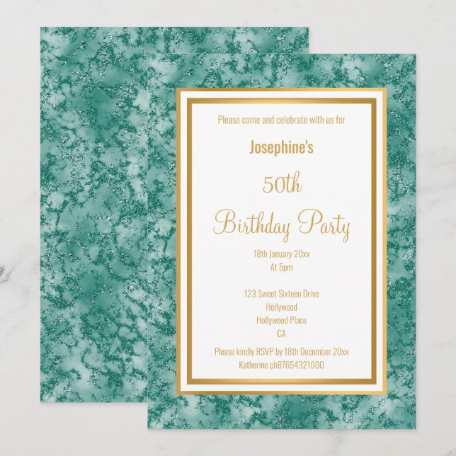 INVITATION ÉLÉGANTE FRONTIÈRE VERTE MARBRE ANNIVERSAIRE INVIT (Devant / Derrière)