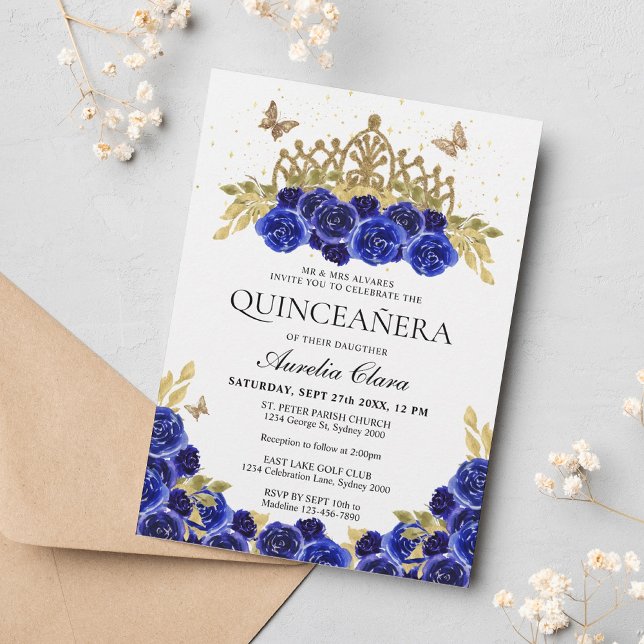 Invitation Elégante Glam Blue Floral Or Tiara Quinceanera (Créateur téléchargé)