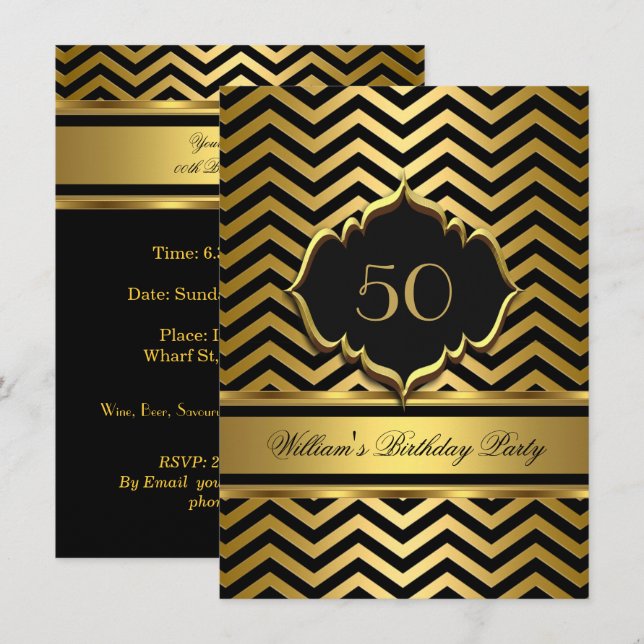 Invitation Elégante Gold Black Chevron fête d'anniversaire (Devant / Derrière)