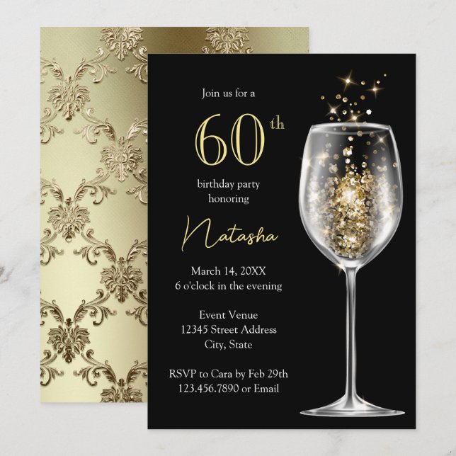 Invitation Elégante Gold Black Damask 60e fête d'anniversaire (Devant / Derrière)