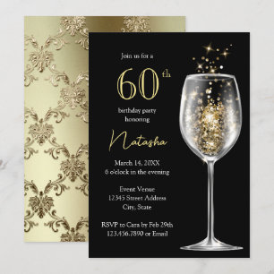 Invitation Elégante Gold Black Damask 60e fête d'anniversaire
