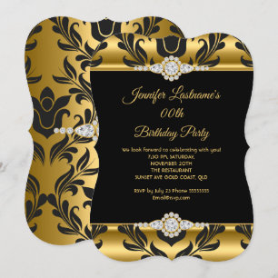 Invitation Elégante Gold Black Damask Diamond Anniversaire Pa